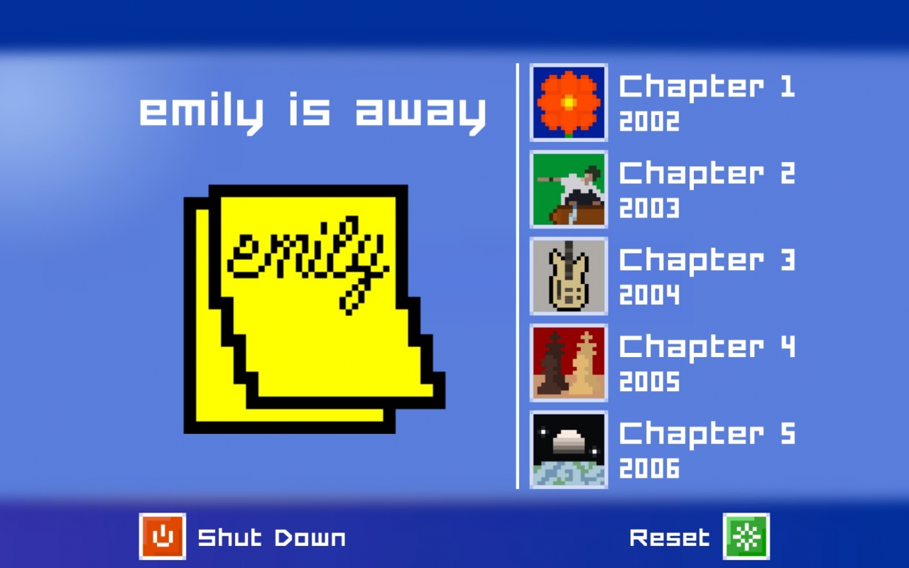The Emily is Away home screen showing all 5 chapters. The home screen is a pixelated version of the Windows XP login screen.